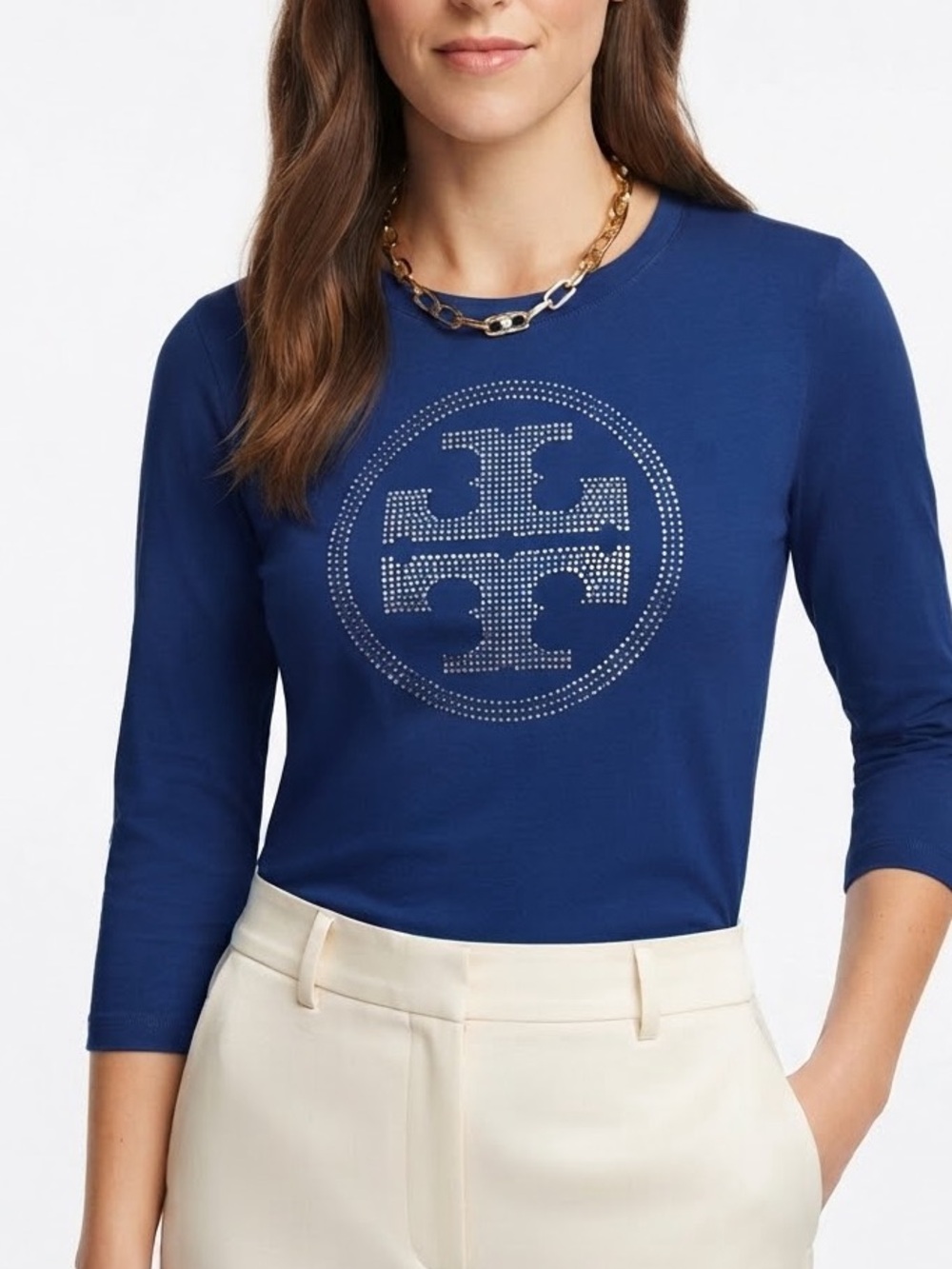 Tory Burch Teal 3/4  Sleeve Top with Rhinestone Logo MEDIUM